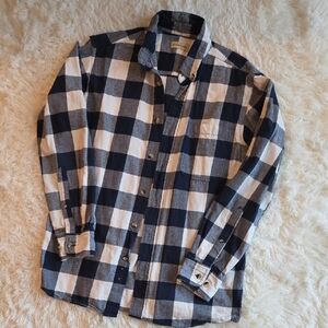 Men's Navy and White Checkered Button Down Flannel Shirt